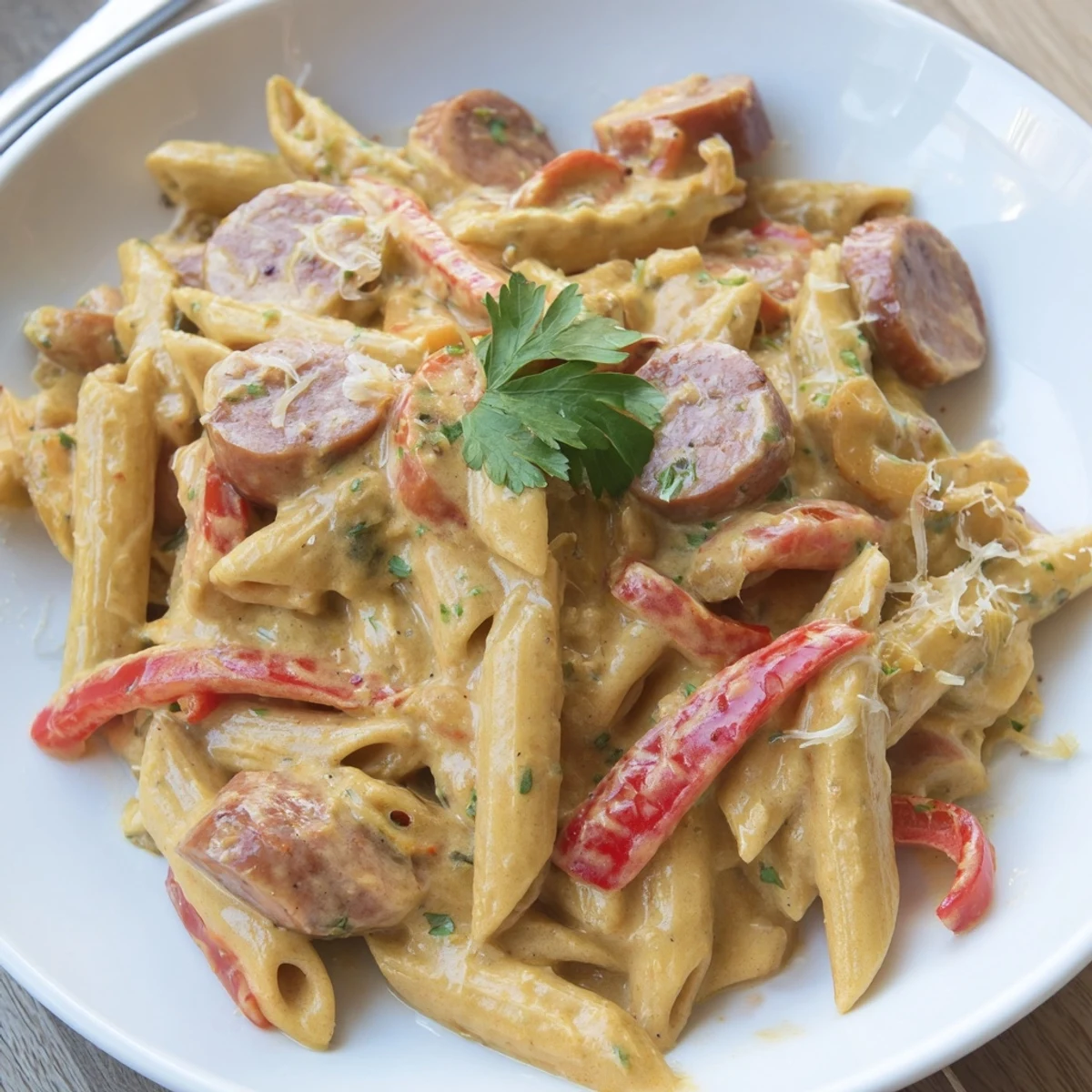 Close-up of a delicious Smoked Sausage Cajun Alfredo with penne, ready to eat, garnished with fresh parsley.