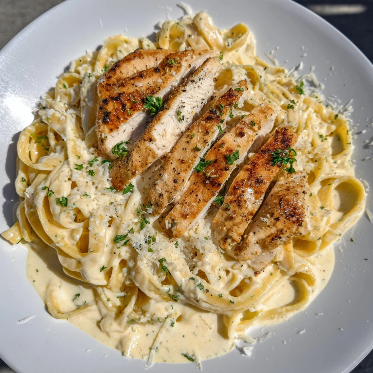 Tender Cajun Chicken Alfredo Fettuccine pasta swimming in a rich, creamy Velveeta sauce, ready to serve.