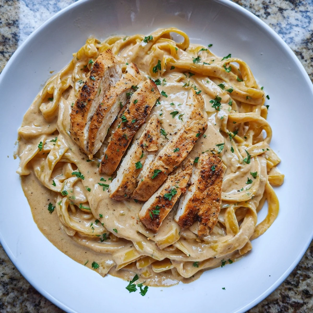 Golden slices of Cajun Chicken Alfredo Fettuccine, nestled next to a vibrant, cheese-laden Velveeta sauce.