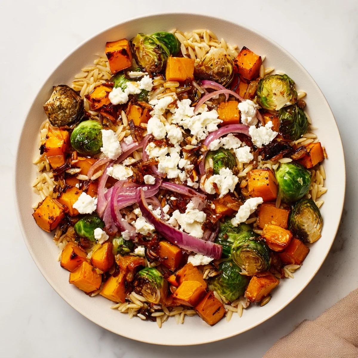 A bowl filled with the fresh Best Fall Harvest Orzo Salad; imagine the warm, tangy flavors.
