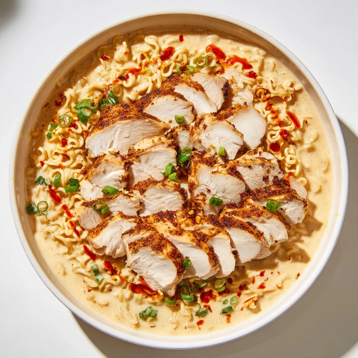 Steaming bowl of Fiery Chicken Ramen, showcasing tender chicken and vibrant green onions floating in a rich, creamy broth.