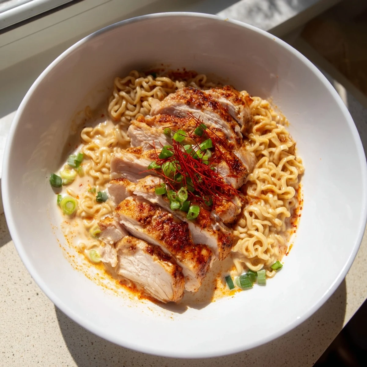 Close-up of golden Fiery Chicken Ramen with garlic sauce, promising a flavorful blend of spicy and savory Asian comfort food.