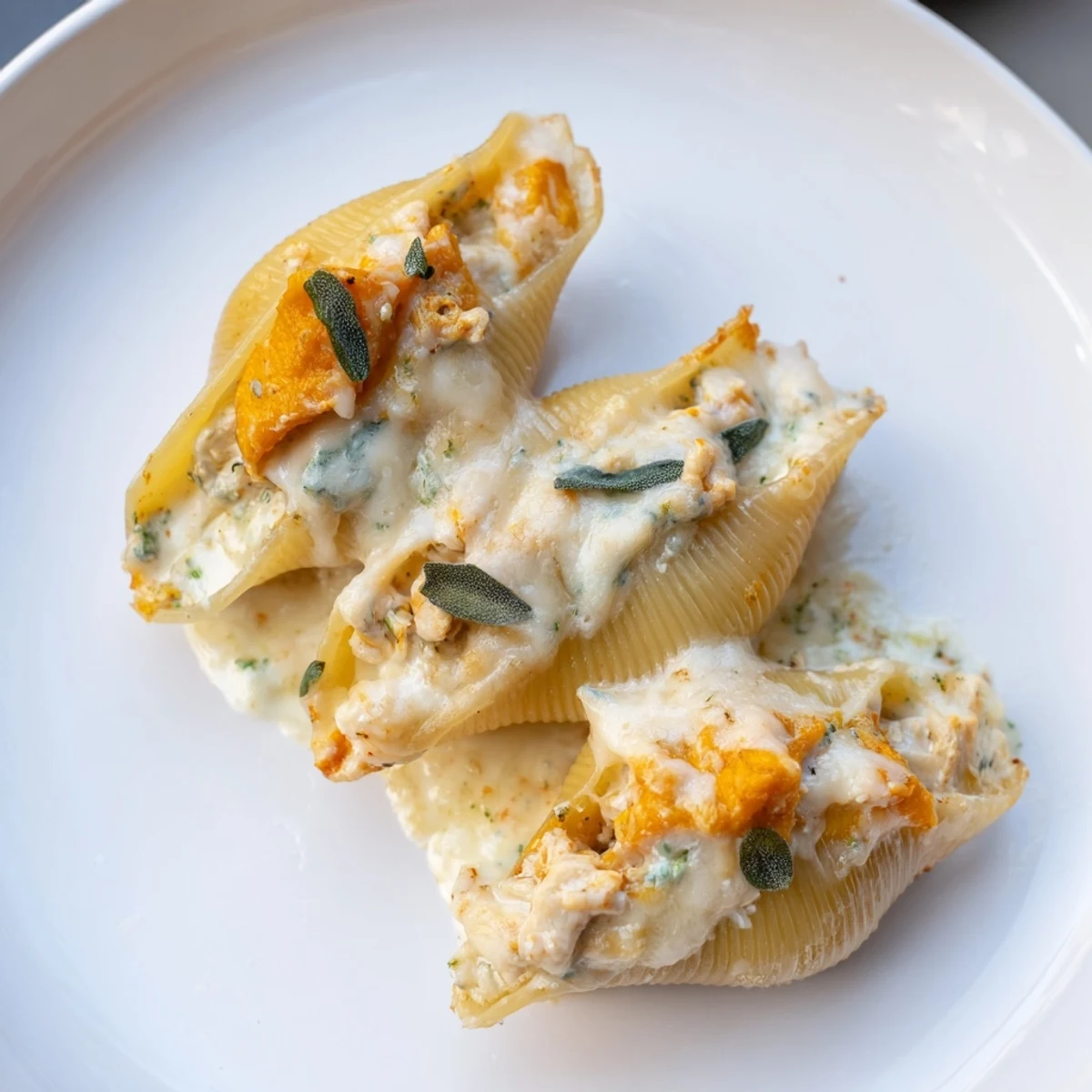 Creamy, cheesy Pumpkin & Gouda Stuffed Shells, a vegetarian Italian comfort food dream, baked to perfection.