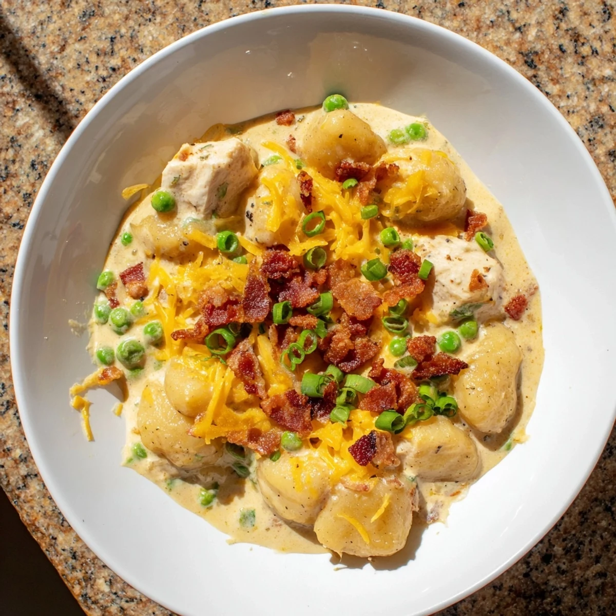 Visualize this Creamy Crack Chicken Gnocchi: golden chicken, fluffy gnocchi, and melted cheese in a creamy sauce.