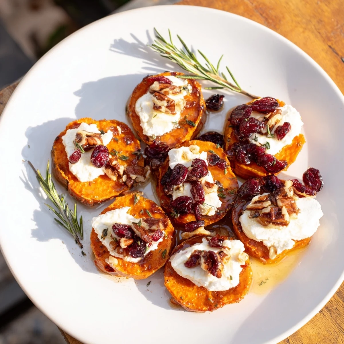 Golden, roasted Express Holiday Sweet Potato Rounds topped with creamy goat cheese and crunchy pecans, ready to serve.