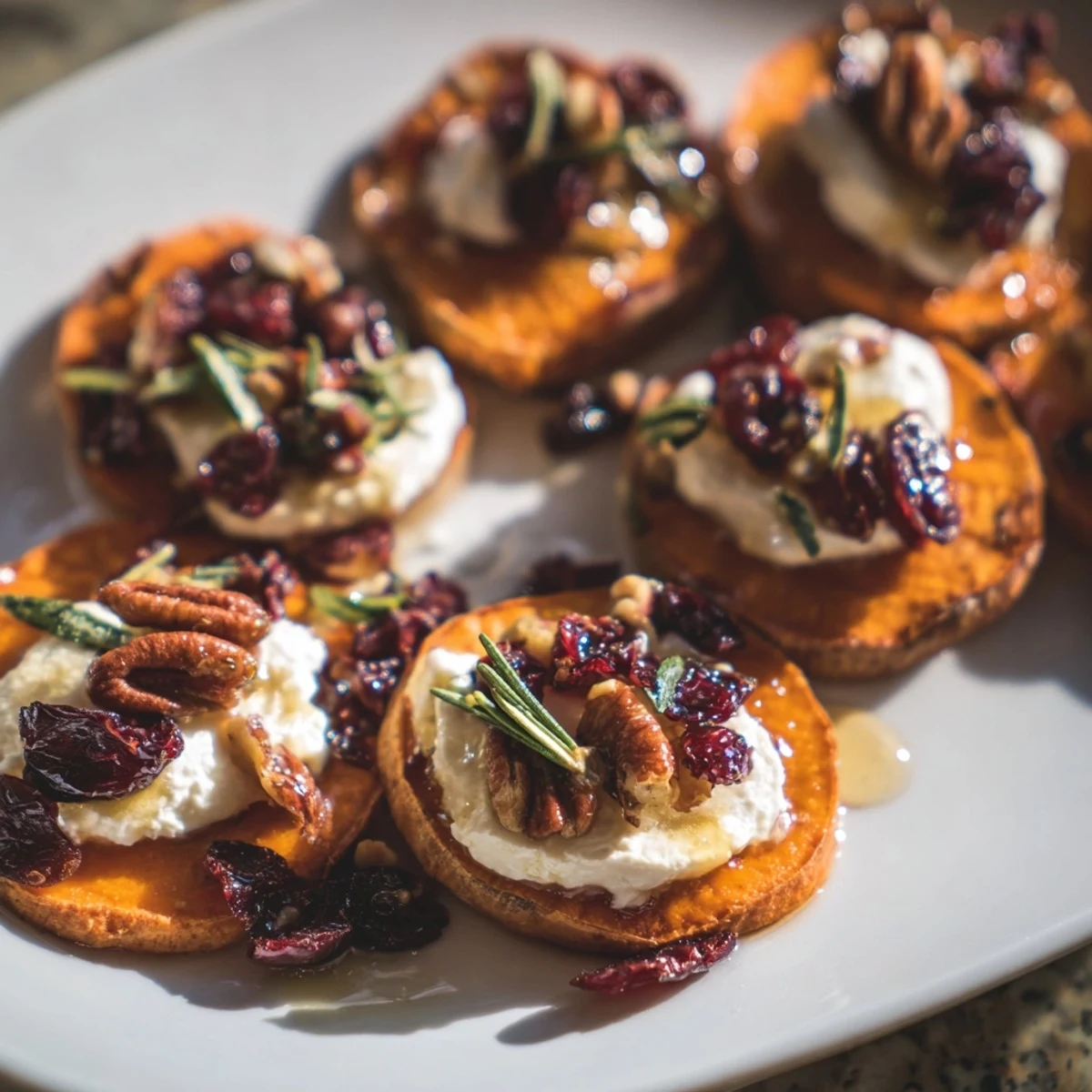 Festive platter of visually appealing Express Holiday Sweet Potato Rounds features soft cheese, cranberries, and honey drizzle.