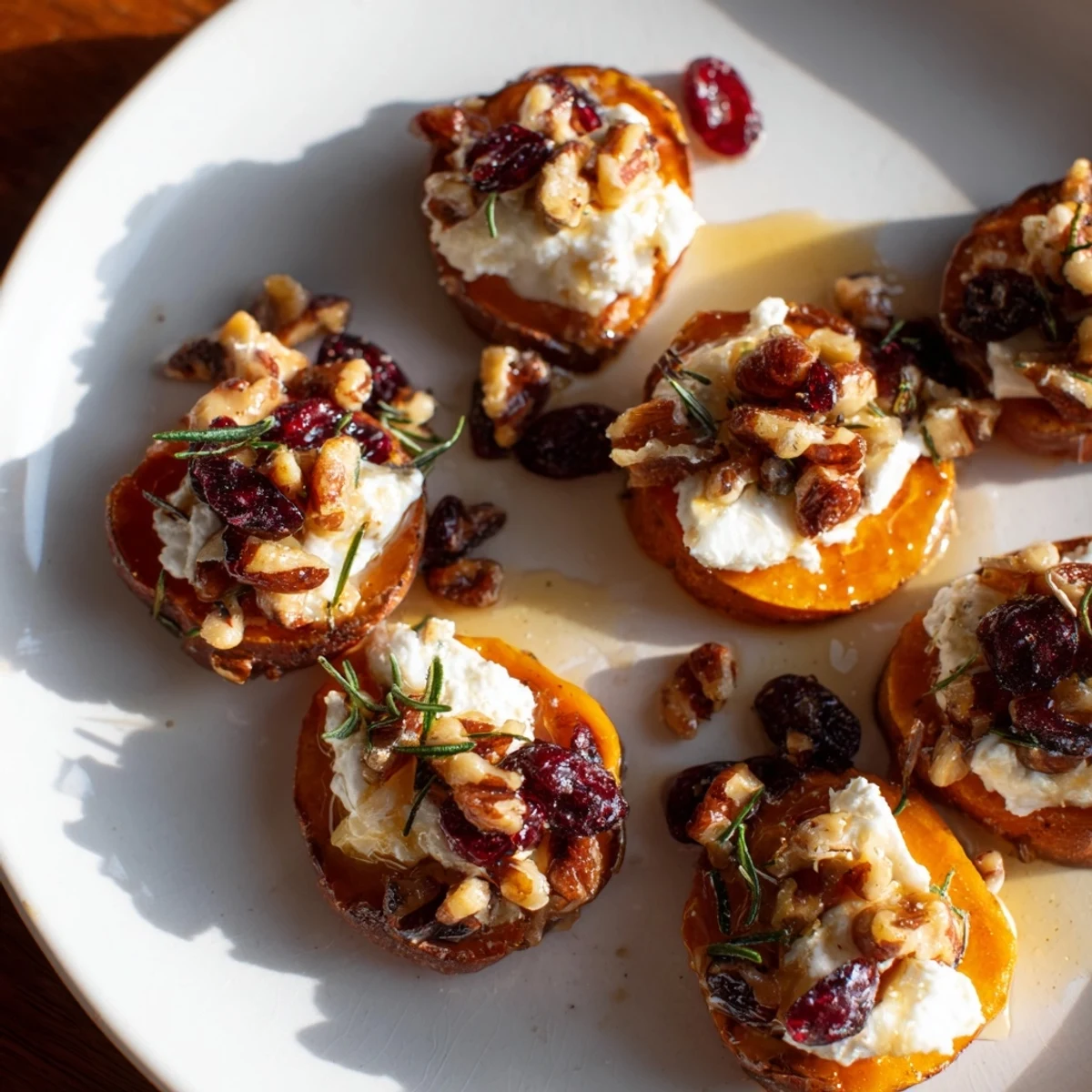 Delicious, warm Express Holiday Sweet Potato Rounds—a vegetarian appetizer featuring sweet potatoes and toasted pecans.