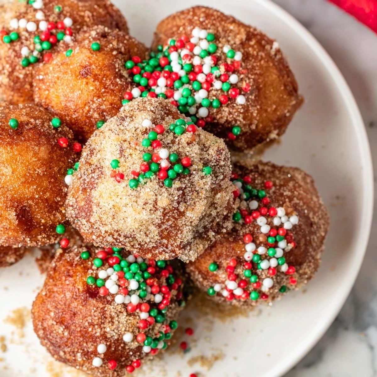 Golden air fryer Christmas donut holes topped with colorful holiday sprinkles, ready to enjoy.