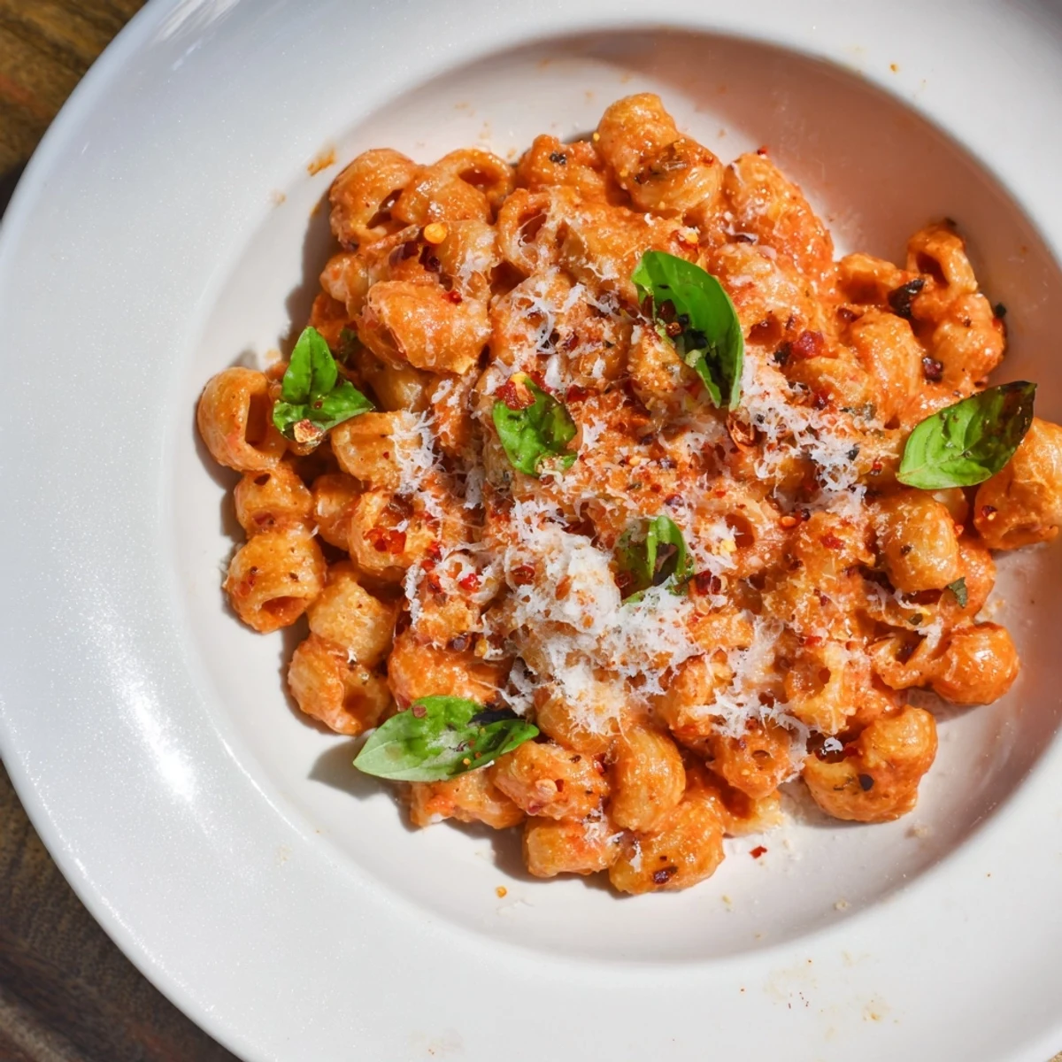 Hearty Spicy Vodka Sauce Ditalini, a comforting pasta meal topped with Parmesan cheese for a delightful taste.