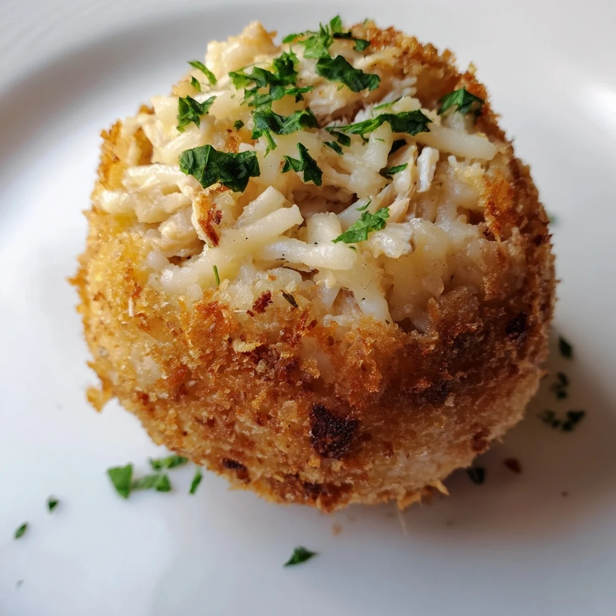 A plate of golden-brown Creamy Chicken & Rice Arancini Balls tempts the tastebuds, ready to eat.