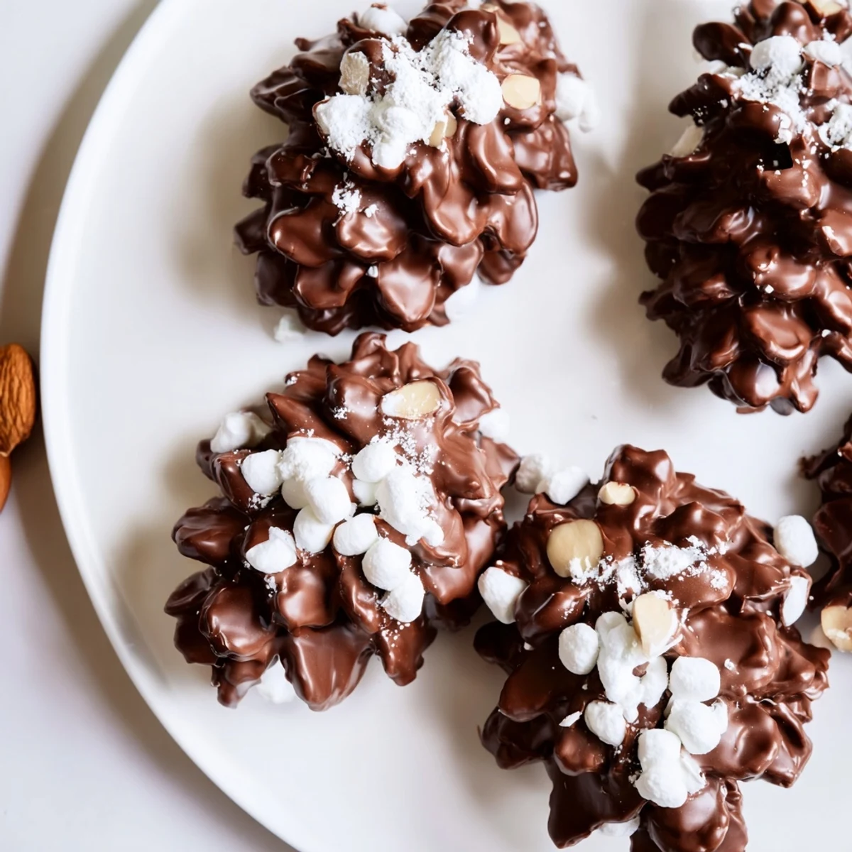 A close-up shot of delightful, chocolatey Coco Pop Pinecone Dessert Salad on a bed of greens.