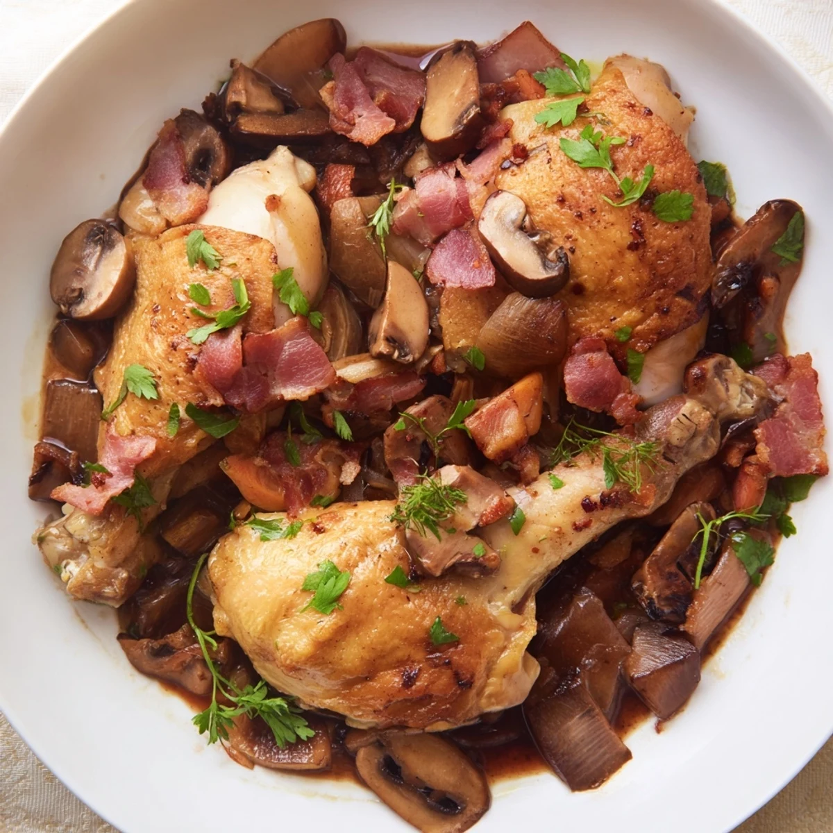 Tender Instant Pot Coq au Vin Style Chicken Thighs with a rich, red wine sauce and bacon.