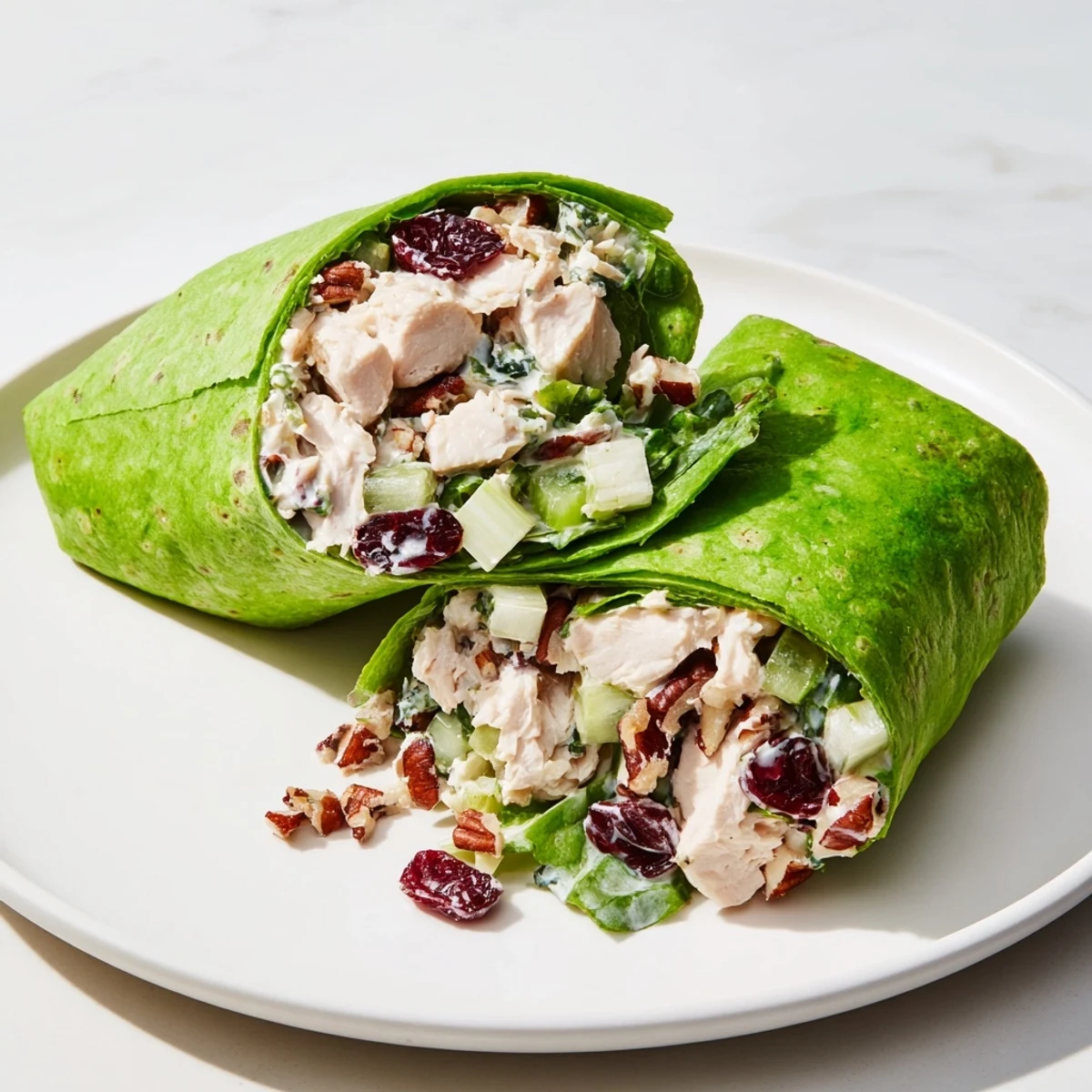 A beautifully presented Cranberry Pecan Chicken Salad Christmas Wrap, cut in half for easy snacking at holiday gatherings.