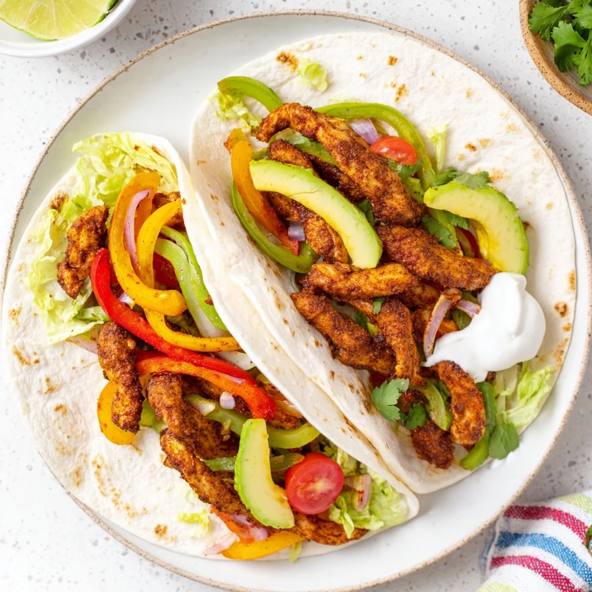 Sheet-pan fajita chicken rainbow wraps: sizzling chicken and vibrant peppers ready to be wrapped in a warm tortilla.