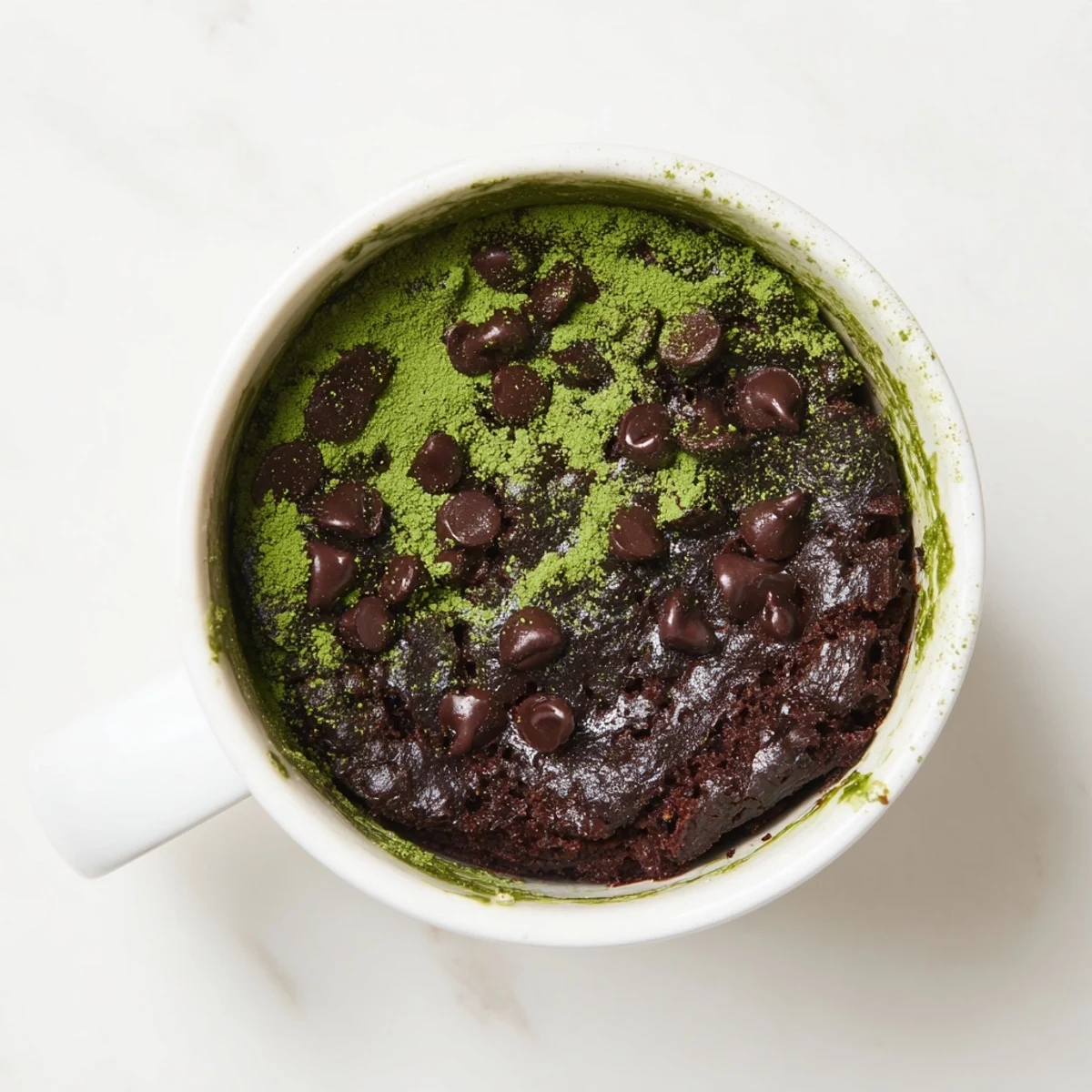 Steaming-hot Matcha Peppermint Brownie Batter Mug Cake with an irresistibly fudgy center, quick microwave treat.
