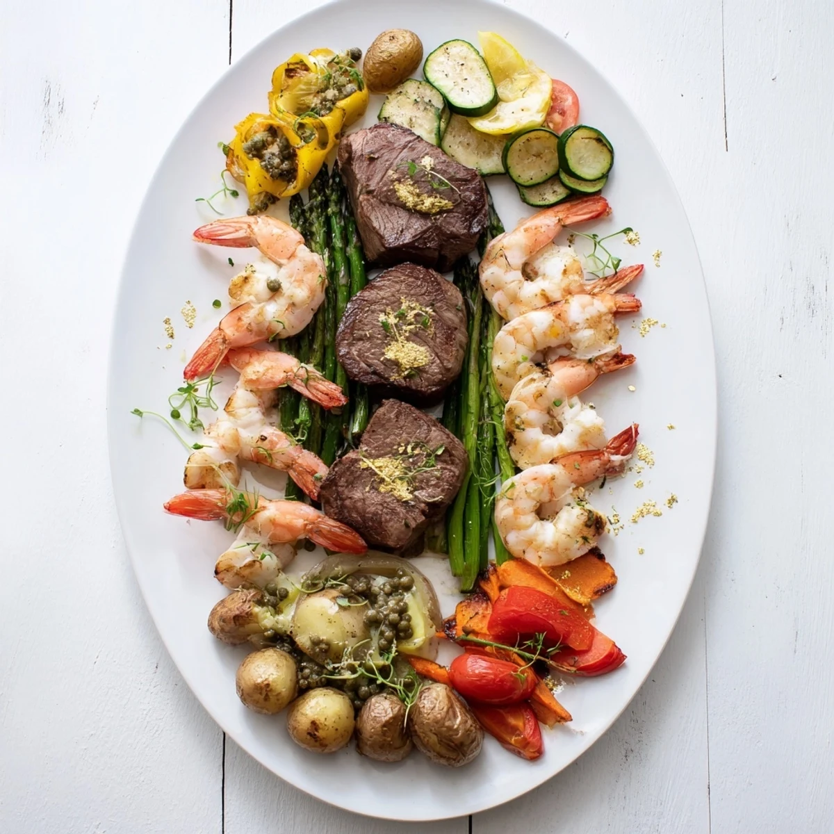 This Golden Heart Luxury Platter image highlights the rich colors of cooked shrimp and fresh asparagus, ready to serve.