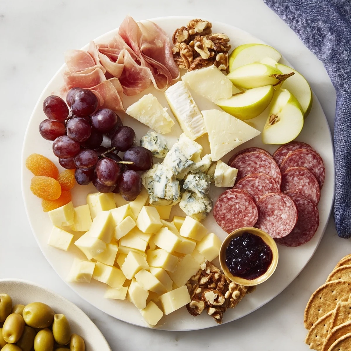 A Moonlight Picnic Board featuring various cheeses, meats, fruits, and tasty accompaniments for sharing.