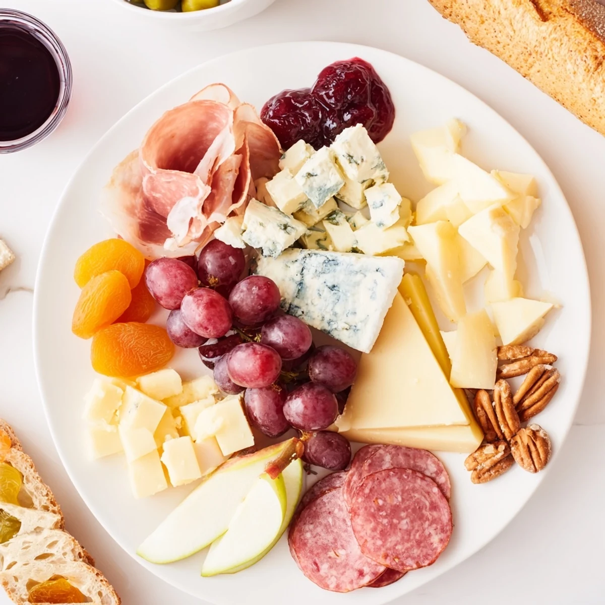 Beautifully arranged Moonlight Picnic Board: an inviting photo showcasing cheeses, charcuterie, and seasonal fruits.