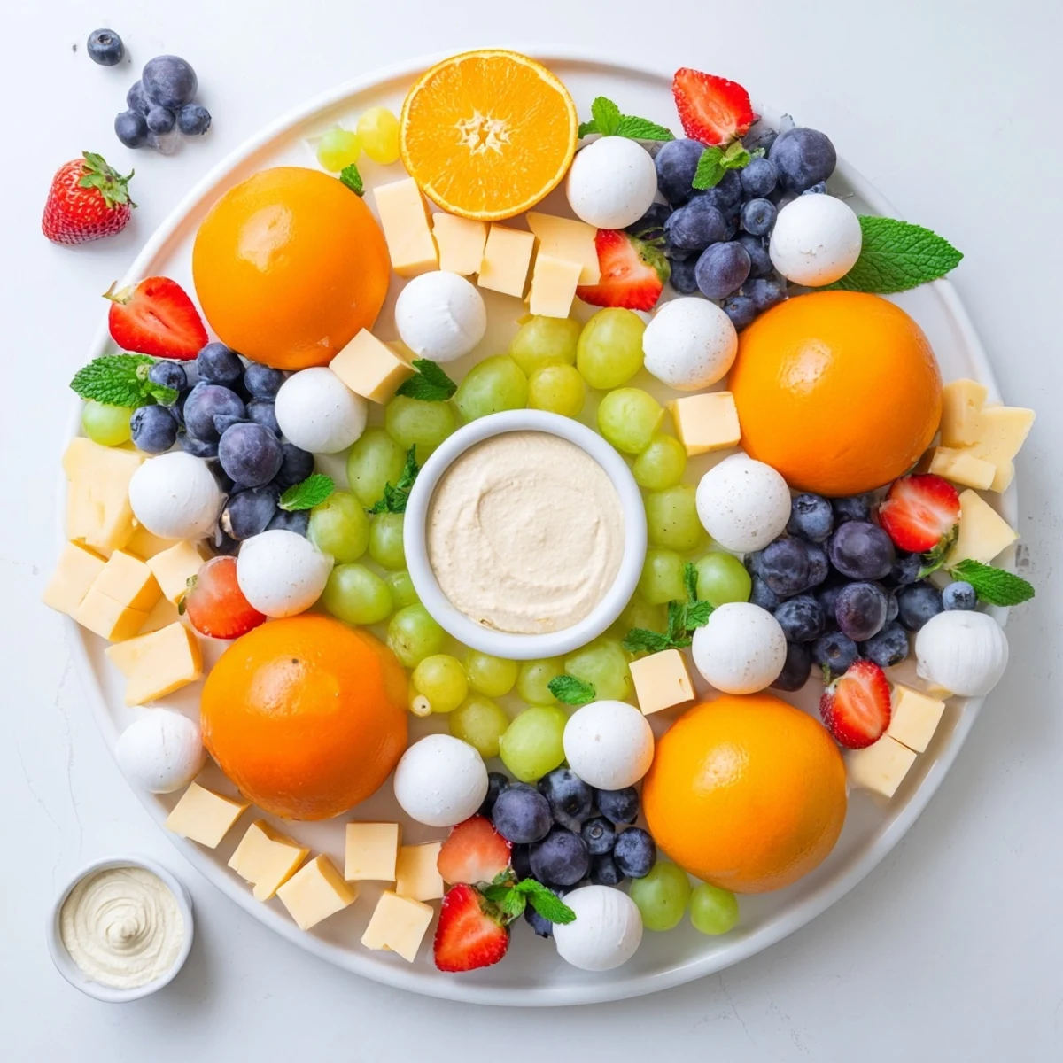 Vibrant Comet & Planet Grazing Tray with colorful fruits and cheeses, perfect for a party.