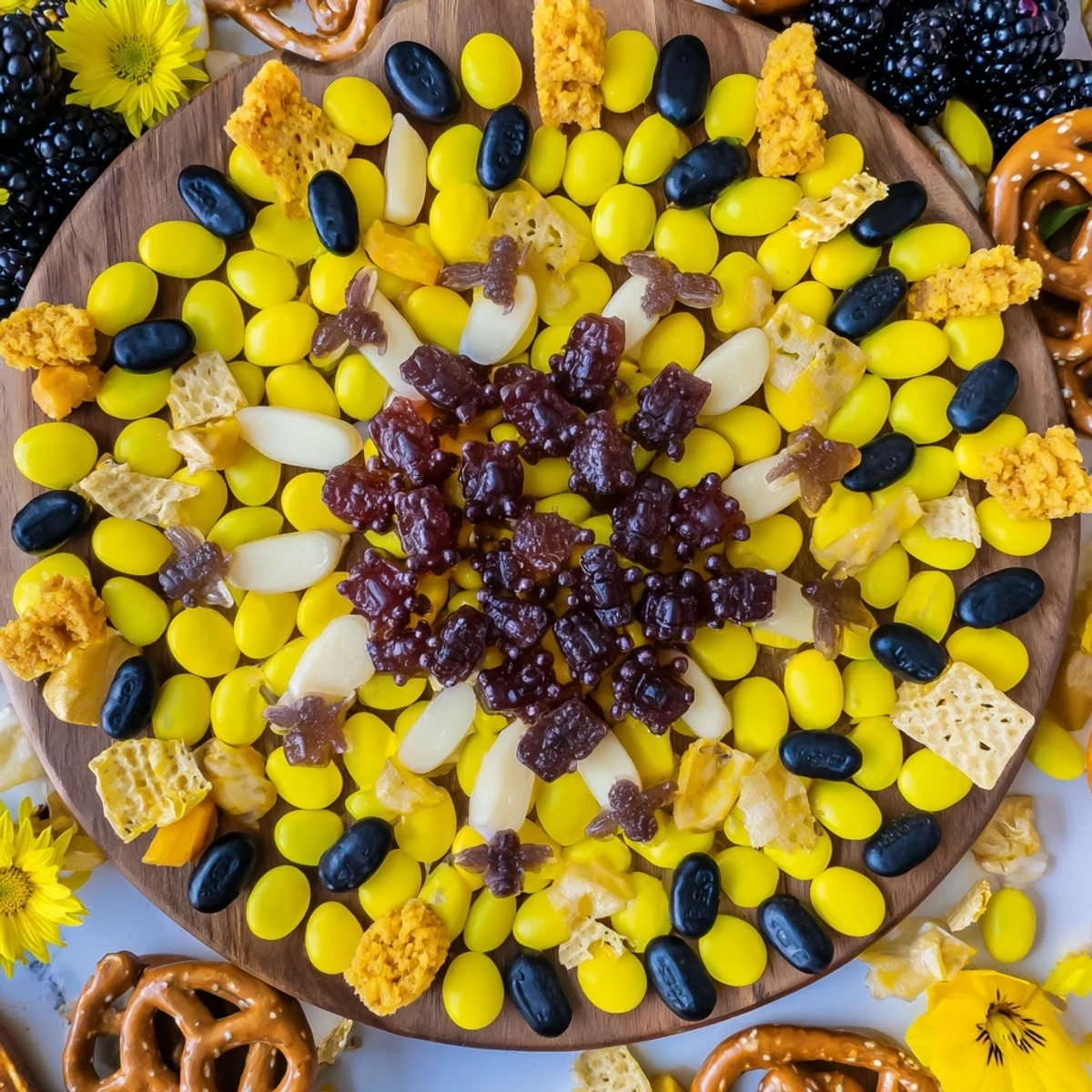 Vibrant Bumblebee Candy Board with colorful sweets and fresh berries, perfect for a springtime treat.