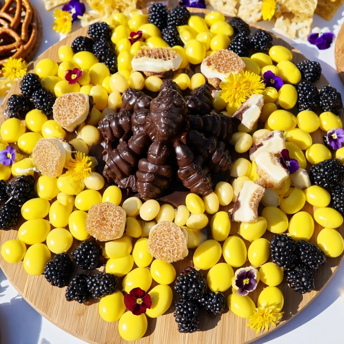 A playful Bumblebee Candy Board featuring an array of candies and honeycomb, ready to serve and enjoy.