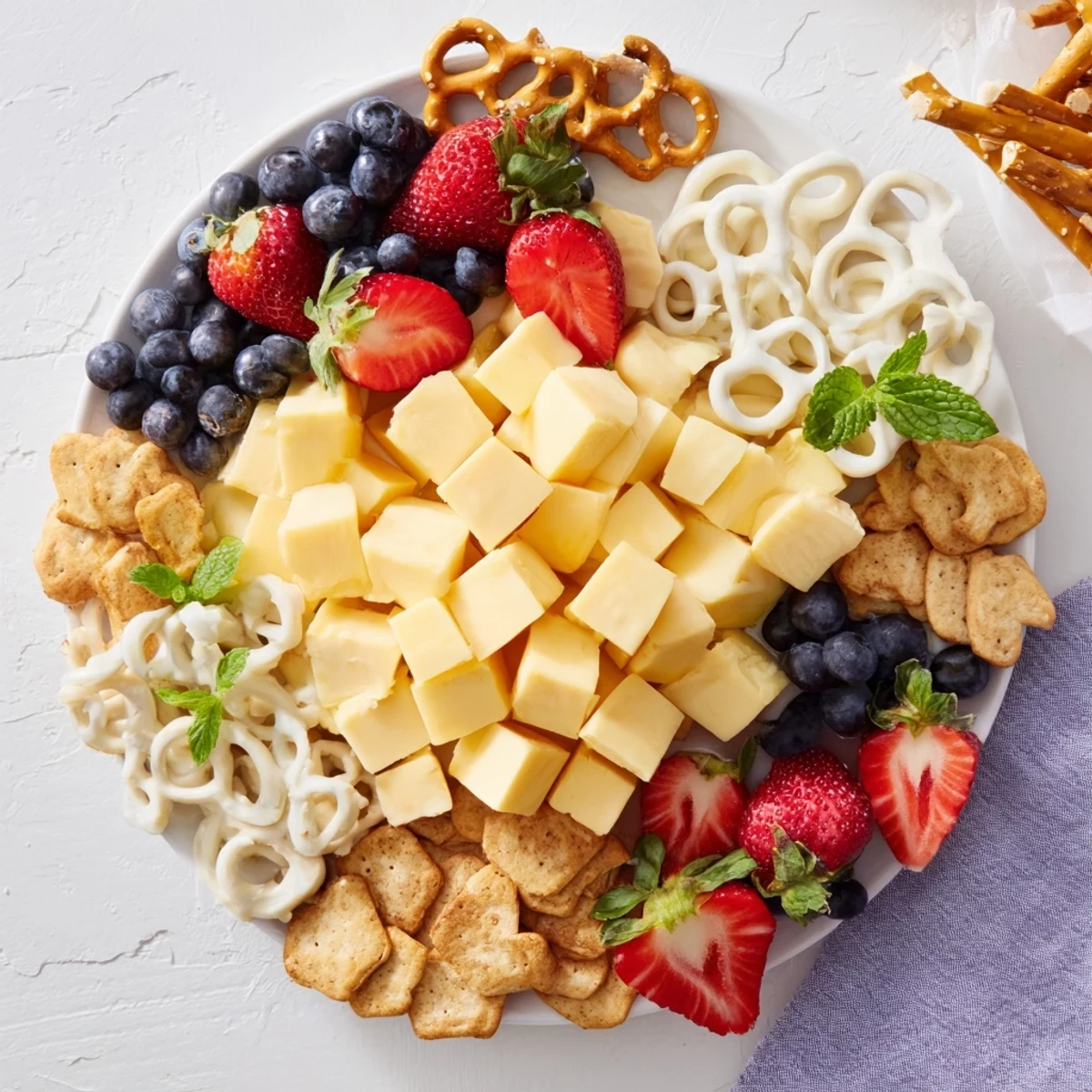 A beautifully arranged Diamond Ring Engagement Board: crackers, fruit, and cupcakes gleam for a party.