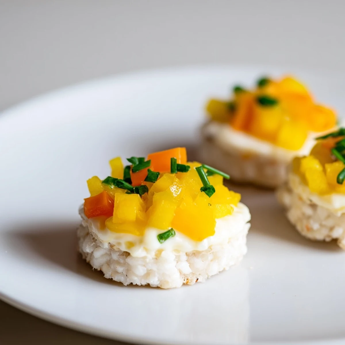 Freshly made Gold Medal Olympic Ring Appetizers featuring cream cheese and assorted healthy vegetable toppings.