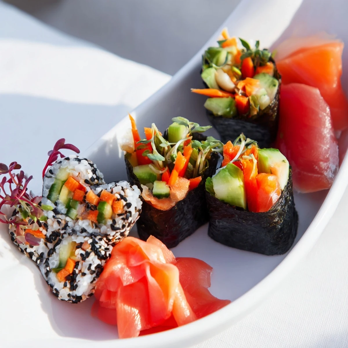 This Sail Away Boat-Shaped Sushi Platter presents a vibrant array of sushi with glistening salmon and tuna.