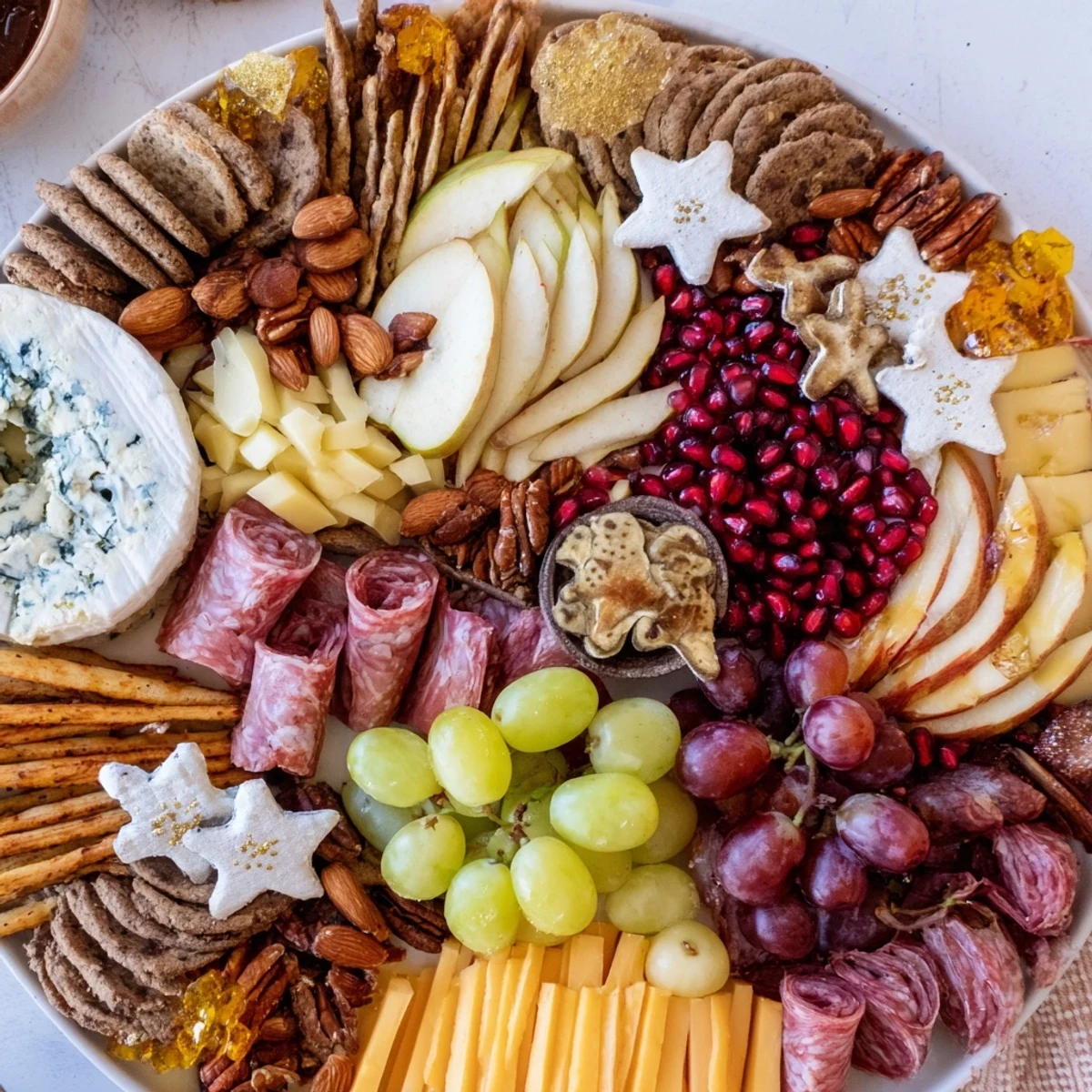 Shining Bright Christmas 2025 Board: a vibrant, colorful grazing board piled high with festive holiday treats and ingredients.