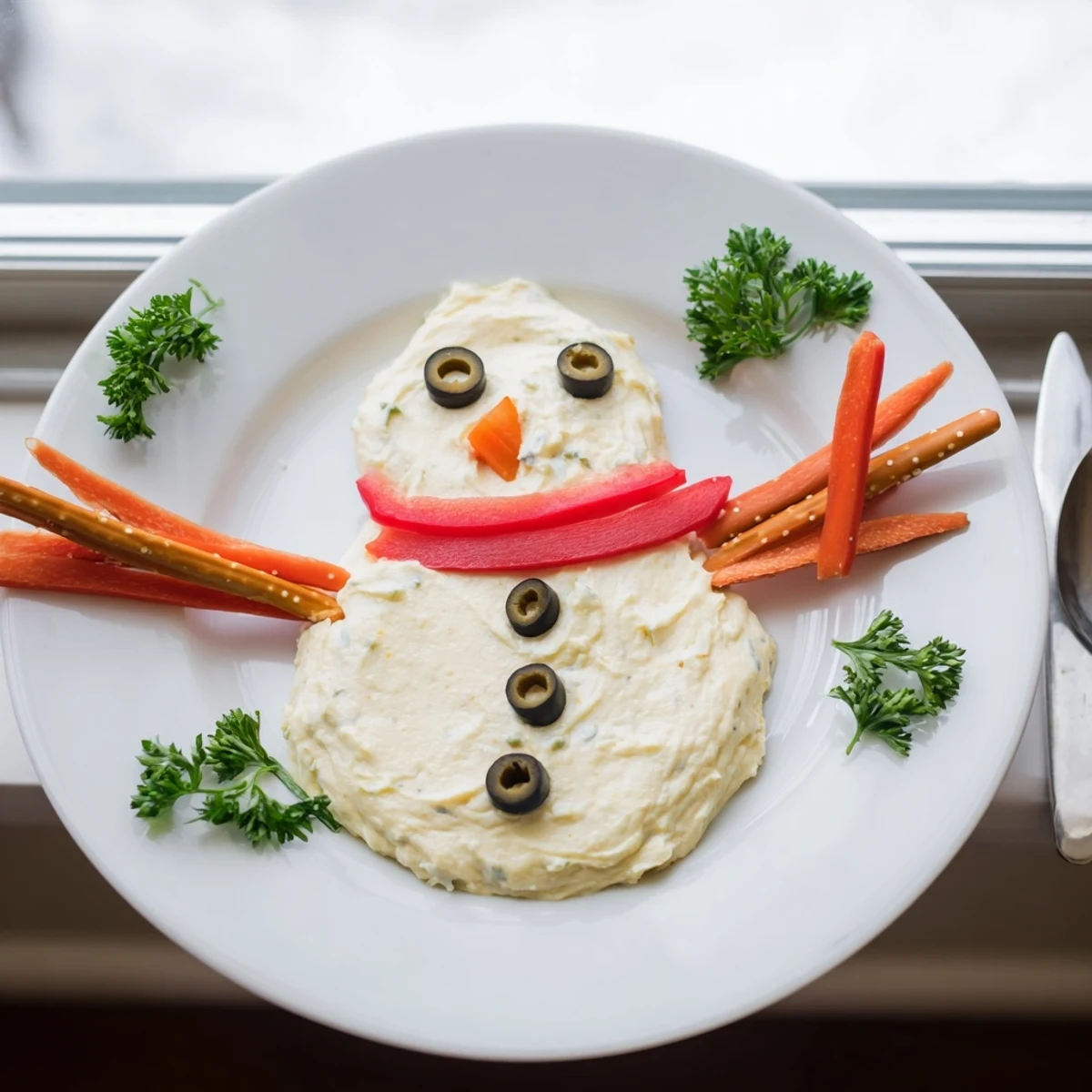 This festive Melted Snowman Dip Bowl features a creamy base dotted with olive eyes and a carrot nose.