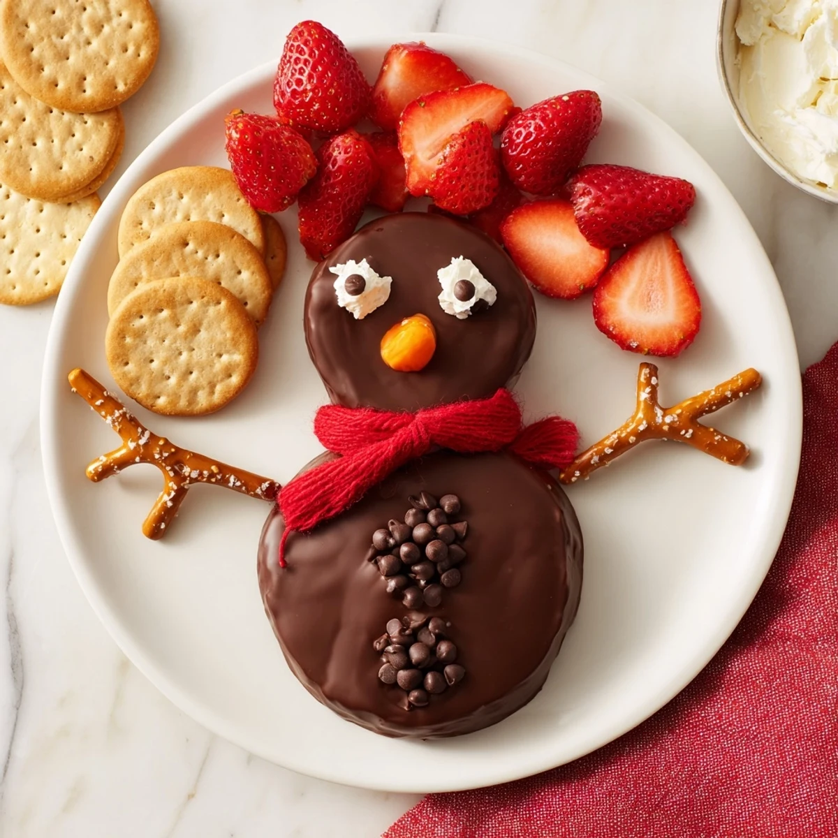 Whimsical holiday presentation: a delightful Hot Cocoa Dip snowman with colorful toppings for a party.