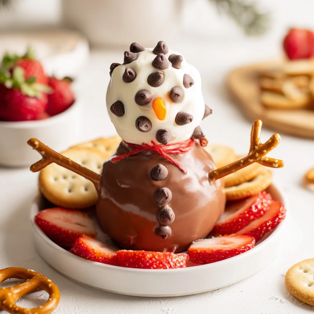 Festive dessert: a creamy Hot Cocoa Dip snowman ready to dip with graham crackers and fruit.