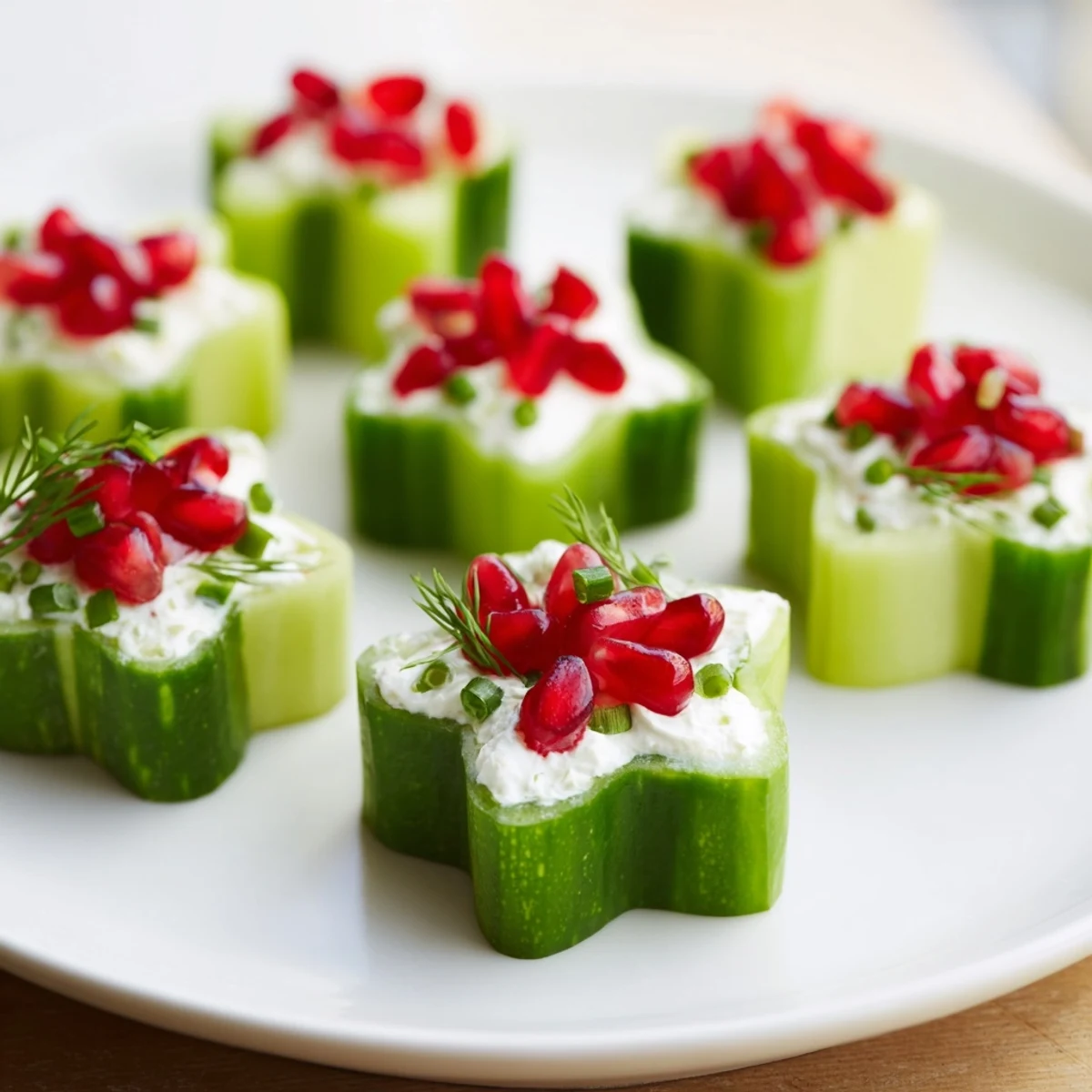 Snowflake-shaped cucumber cups: The festive winter salad displaying creamy filling and vibrant pomegranate seeds.