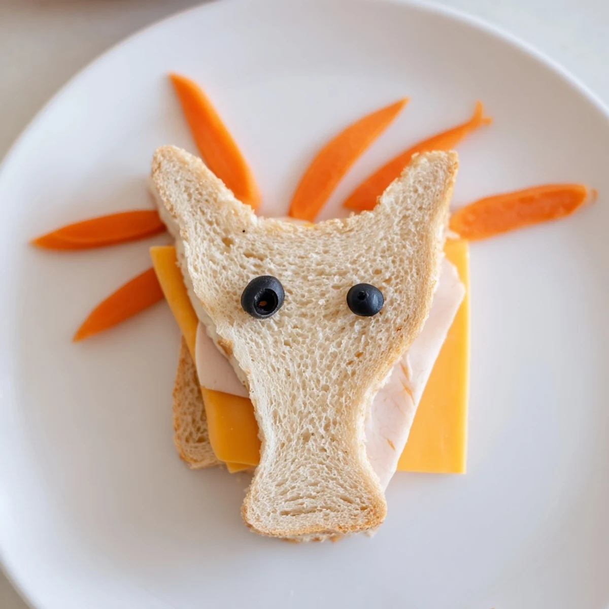 Vibrant horse head sandwiches, creatively cut for kids, with olives and carrot decor for these adorable cutouts.