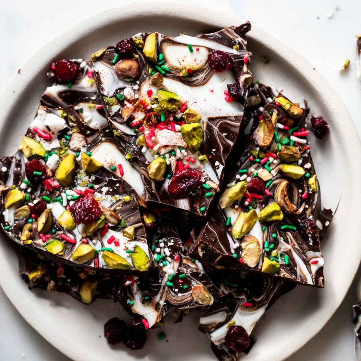 Sweet and salty Holiday Bark: dark chocolate base adorned with vibrant toppings, broken into perfect pieces to share.