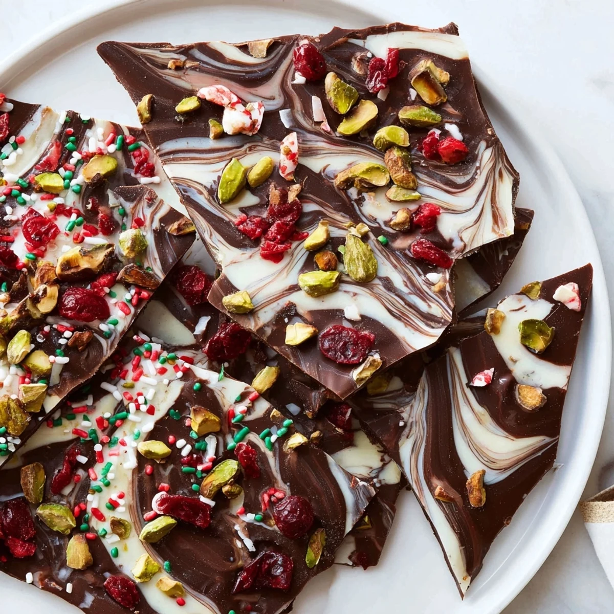 Beautiful shards of Holiday Bark, a colorful chocolate dessert, ready for gifting or enjoying.