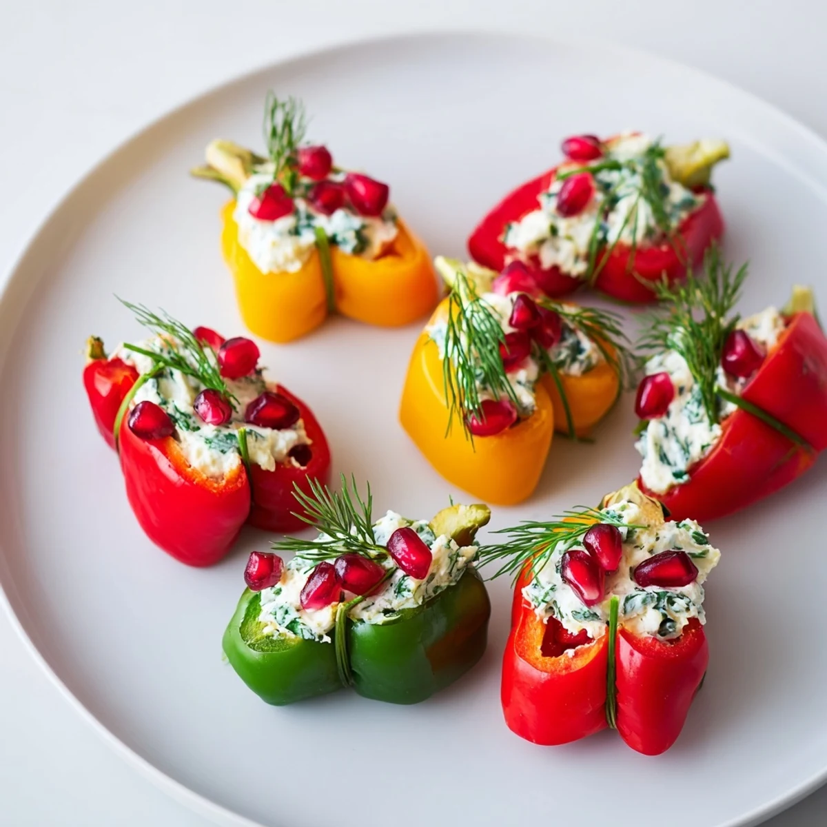 Bright red and yellow Bell Pepper Christmas Bow appetizers, filled with creamy cheese and fresh herbs.
