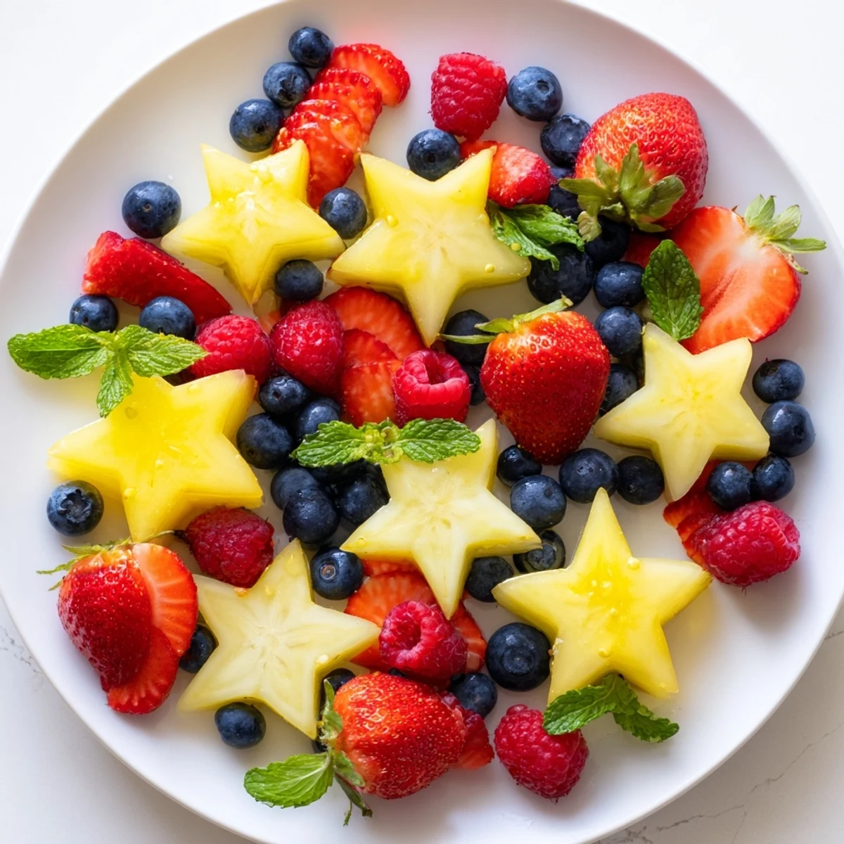 Bright, colorful starfruit and berry platter, a mix of sweet berries and sliced stars, ready to eat.