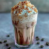 Iced vanilla bean frappuccino topped with creamy toasted coconut foam, perfect for a refreshing summer treat.