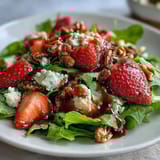Refreshing strawberry arugula salad topped with creamy goat cheese, red onion, and tangy balsamic drizzle for a colorful appetizer.  