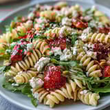 Vibrant pasta salad featuring sweet strawberries, creamy feta, and peppery arugula, tossed in tangy balsamic vinaigrette for a refreshing spring dish.