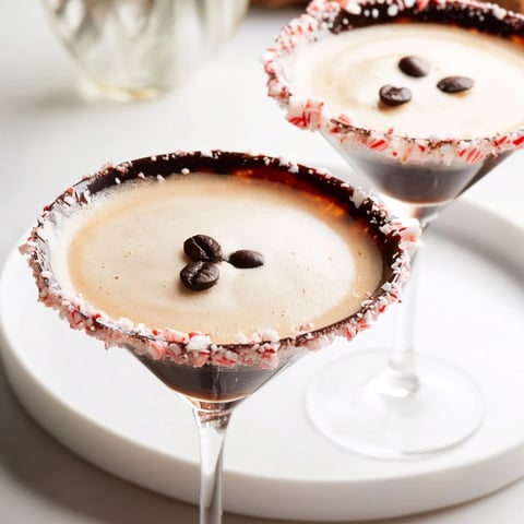 Frothy Peppermint Espresso Martini, garnished with espresso beans, a delightful holiday cocktail.