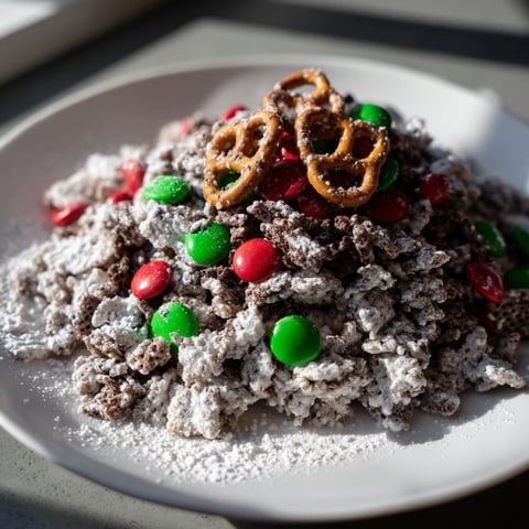 A large bowl of Simplified Reindeer Chow mix full of sweet, festive candies and cereal.