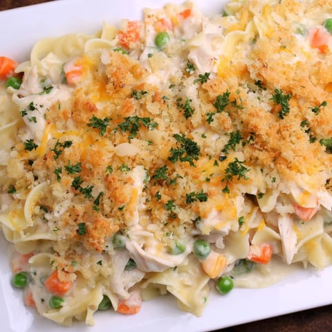 Golden brown Baked Cream of Chicken Noodle Soup Pasta with bubbly cheese and crispy breadcrumb topping.