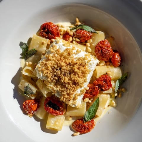 Baked Goat Cheese Snowflake Tomato Basil Pasta, bubbling with roasted tomatoes and creamy goat cheese, ready to eat.