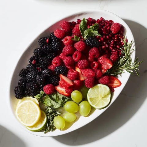 A beautifully arranged Bubbly Bar New Years Eve Garnish Tray with vibrant fruit and fresh herbs for cocktails.
