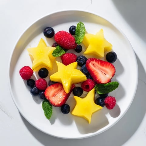 Refreshing starfruit and berry platter with juicy strawberries and blueberries, ready to enjoy.