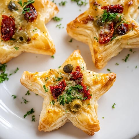 Golden-baked Olive and Sundried Tomato Star Garland, a delightful appetizer with vibrant toppings.