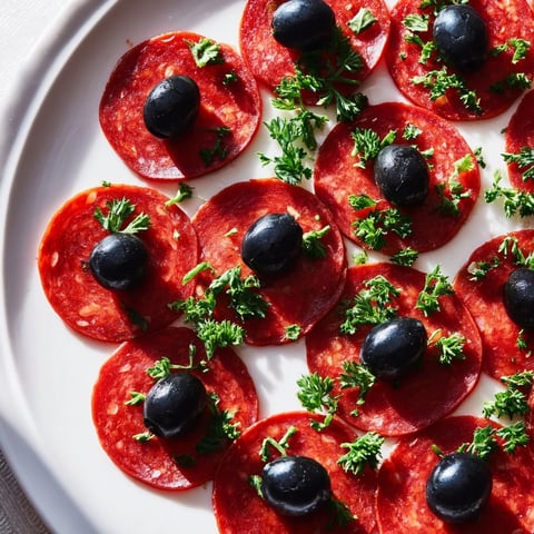 Savory sliced pepperoni and olive halves displayed on a platter, ready for a quick snack.