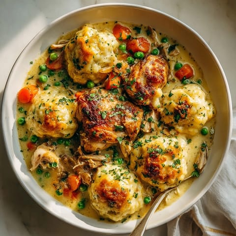 Creamy Chicken and Dumplings Skillet with golden dumplings and fresh herbs ready to serve.